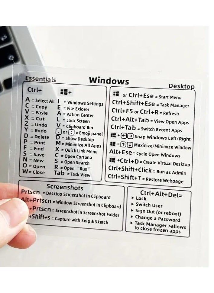 Stylish Transparent Windows Keyboard Shortcut Stickers, Laminated, no-Residue Adhesive, for Any PC Laptop or Desktop