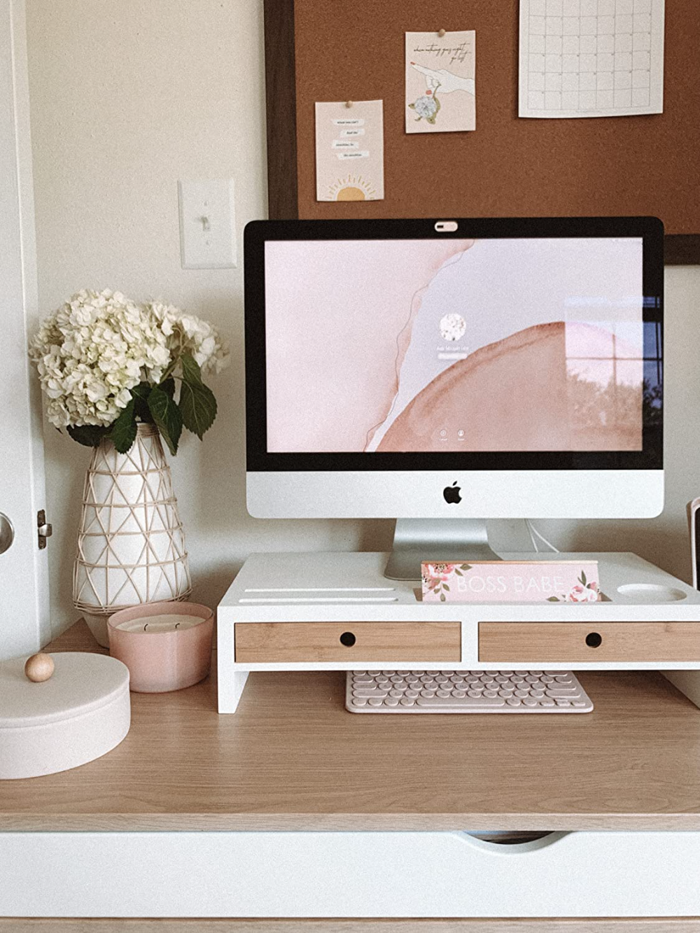 Monitor Stand Riser with Drawer – Black & White Laptop Stand, Bamboo Desktop Shelf Organizer for Computer, TV, Printer, Office Supplies & Accessories with Phone Holder & Cups Slot, No Assembly Needed