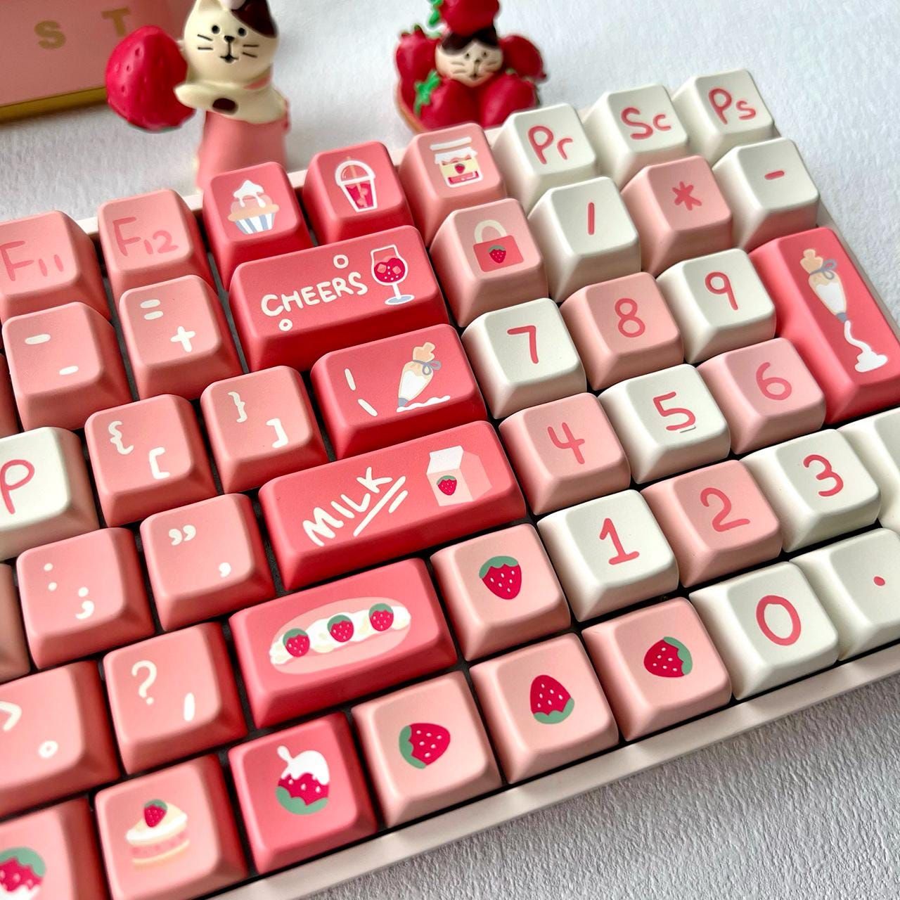 Sweet Strawberry Keycap Set, MDA Profile, PBT, Cherry MX Stem, Dye-Sub Legends, Cute Art